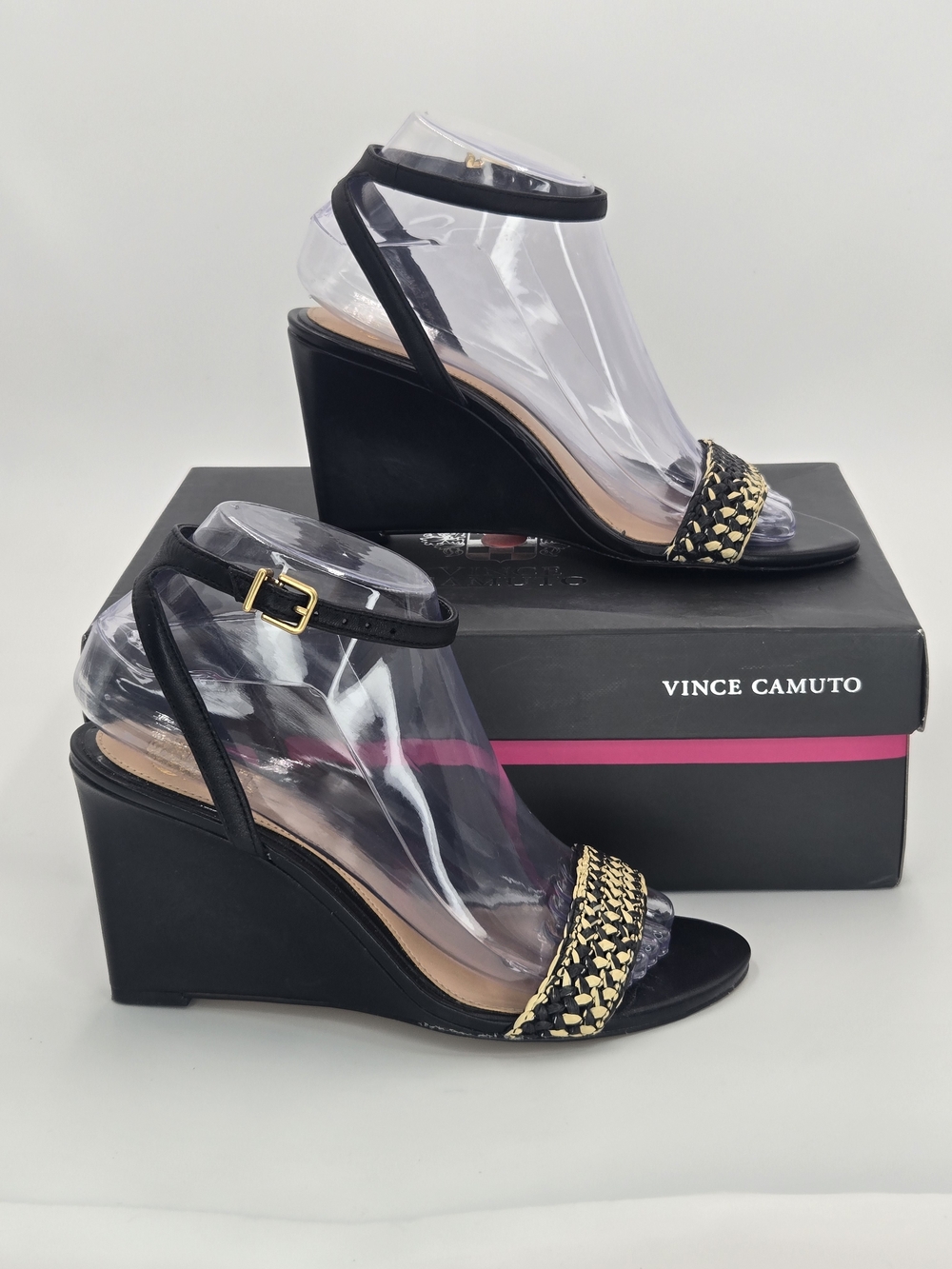 Vince Camuto Jefany Black Natural Woven Raffia 3.25" Wedge Sandals Size 7